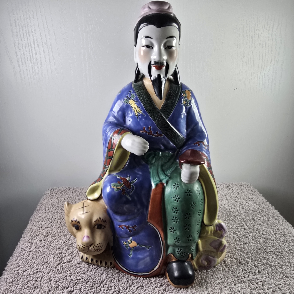 Vintage Kutani Poloychrome Porcelain Jurojin Statue With Lion